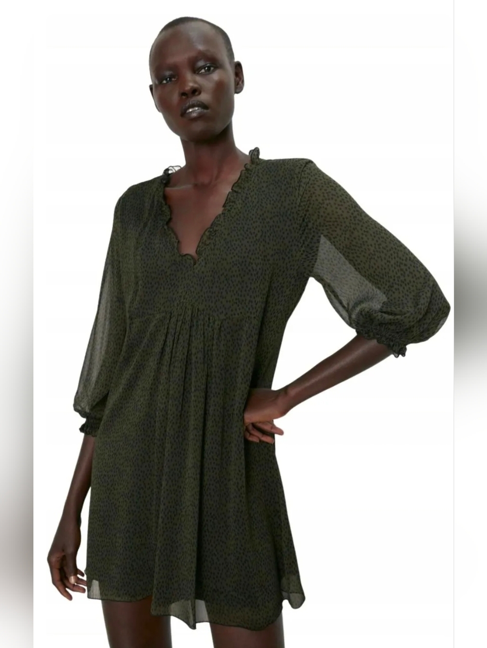 Zara Olive Green Sheer Mini Dress Size L